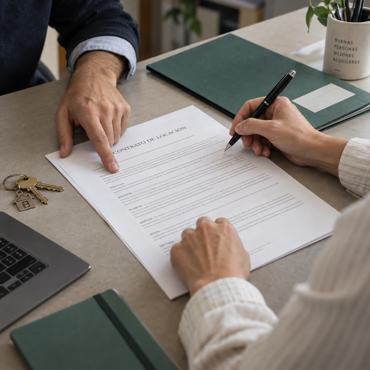 Dos personas revisan un contrato de locación sobre un escritorio