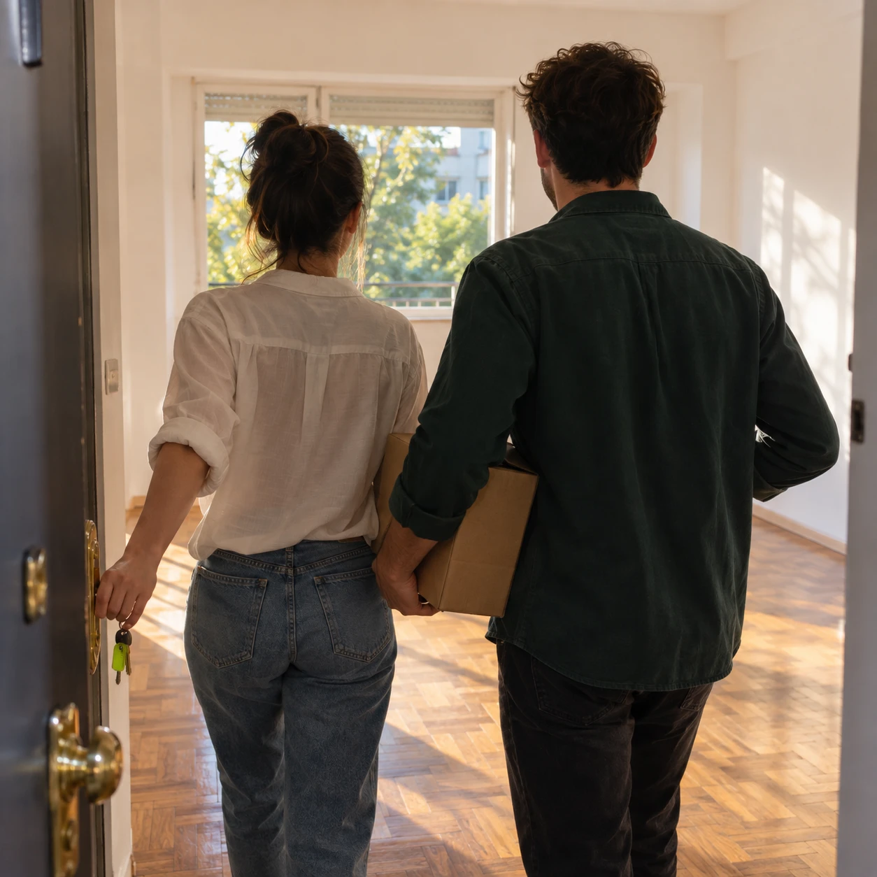 Una pareja entra con las llaves y una caja a un departamento vacío