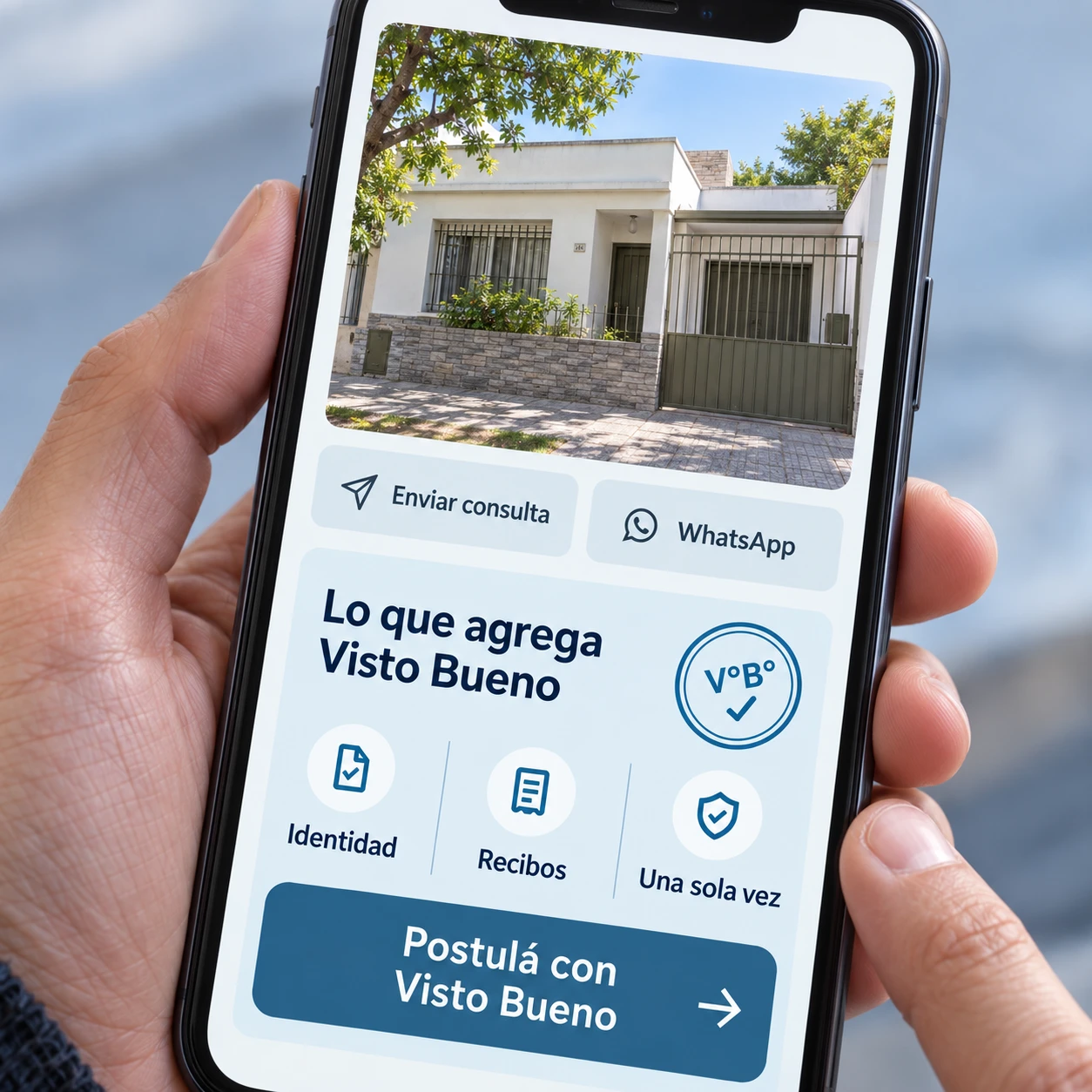 Un celular en la mano con un aviso de alquiler y el botón «Postulá con Visto Bueno»