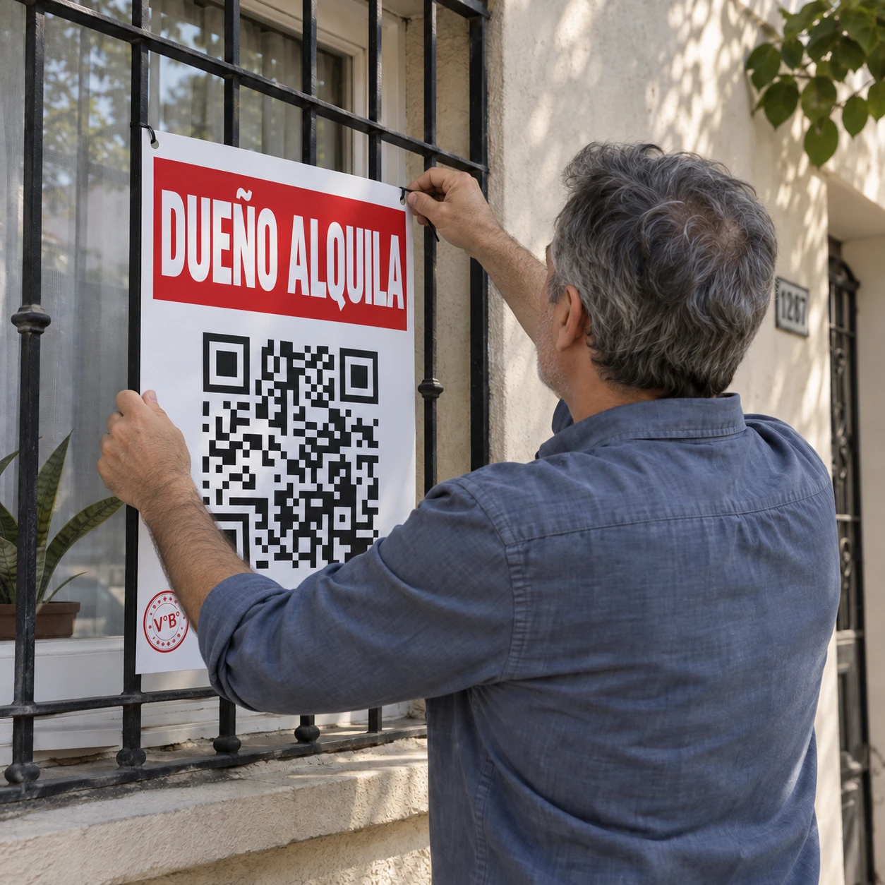 Un dueño cuelga el cartel «Dueño alquila» con el QR en la reja de su ventana